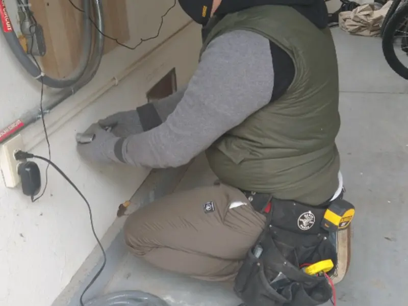 Electrician performing outlet wiring in a Attica garage
